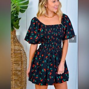CHERRY PRINT SMOCKED MINI DRESS